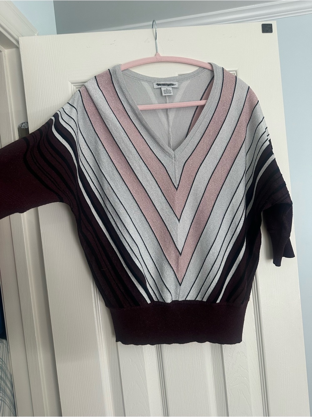 Liz Claiborne Pink, Gray and Black V-Neck Striped Knit Blouse S